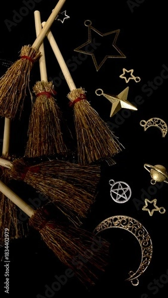 Obraz Witch brooms and magical symbols on black background occult charms, moon, stars and pentagram for mystical rituals and witchcraft