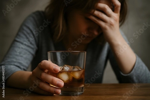 Obraz Mulher de meia idade segurando copo com bebida alcoólico. 