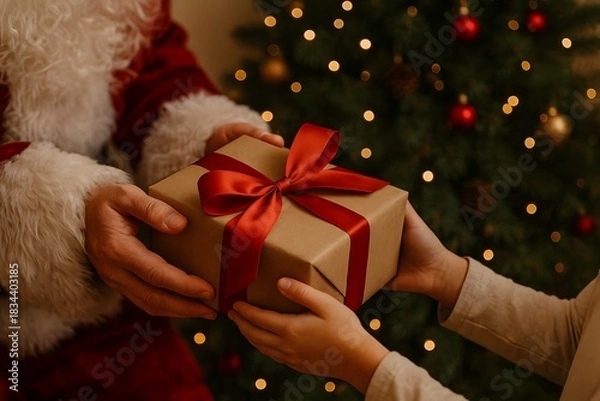 Obraz Papai noel entregando presente para uma criança. 