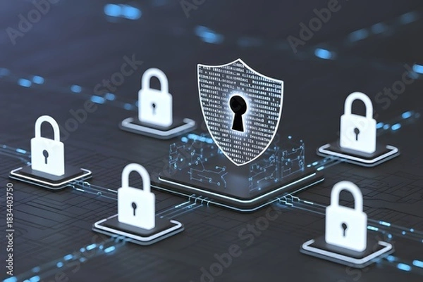 Fototapeta Cybersecurity technology connecting digital padlocks to shield with binary code protecting data with security network on blue illuminated background