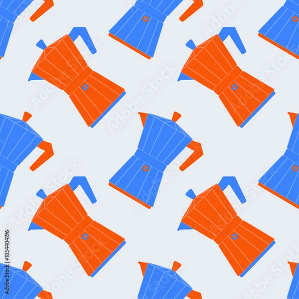 Fototapeta Simple seamless pattern featuring blue and orange moka pots in a modern flat style. Perfect for café branding, kitchen textiles, packaging, wrapping paper, backgrounds, and coffee-themed designs.