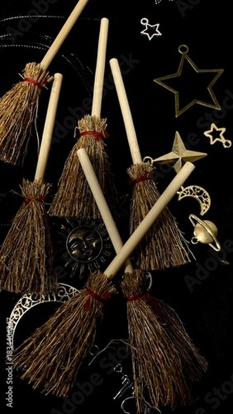 Obraz Witch brooms and magical symbols on black background occult charms, moon, stars and pentagram for mystical rituals and witchcraft