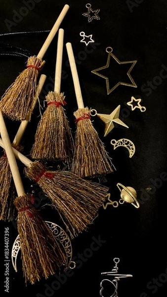 Obraz Witch brooms and magical symbols on black background occult charms, moon, stars and pentagram for mystical rituals and witchcraft