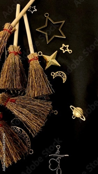 Obraz Witch brooms and magical symbols on black background occult charms, moon, stars and pentagram for mystical rituals and witchcraft