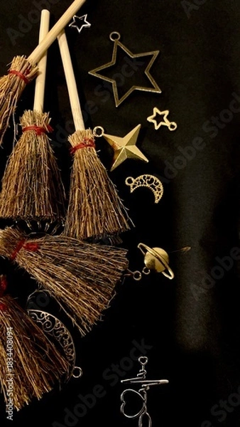 Obraz Witch brooms and magical symbols on black background occult charms, moon, stars and pentagram for mystical rituals and witchcraft