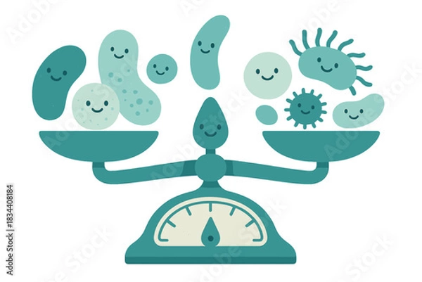 Obraz Smiling Bacteria on Scale. a cheerful microbiome tracker with tiny smiling bacteria balancing on a wellness scale, teal and ivory