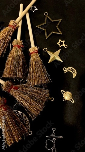 Obraz Witch brooms and magical symbols on black background occult charms, moon, stars and pentagram for mystical rituals and witchcraft