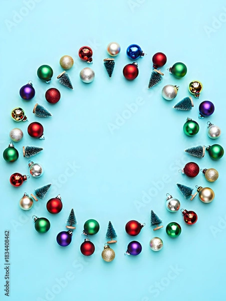 Obraz Bright balls and mini trees on blue background