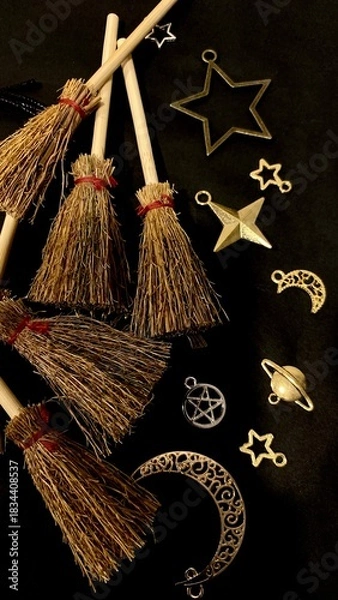 Obraz Witch brooms and magical symbols on black background occult charms, moon, stars and pentagram for mystical rituals and witchcraft