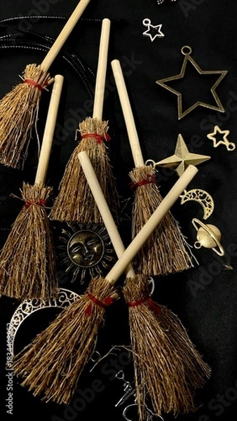 Obraz Witch brooms and magical symbols on black background occult charms, moon, stars and pentagram for mystical rituals and witchcraft