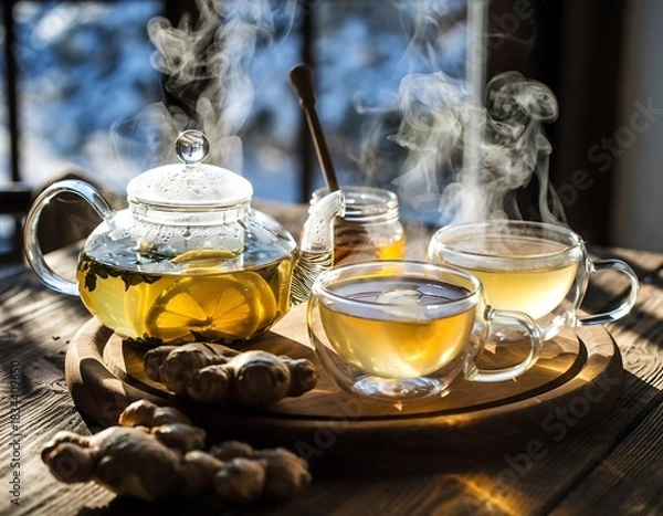 Fototapeta A comforting glass teapot of hot ginger and lemon tea with honey, steaming in cups on a wooden table against a winter background