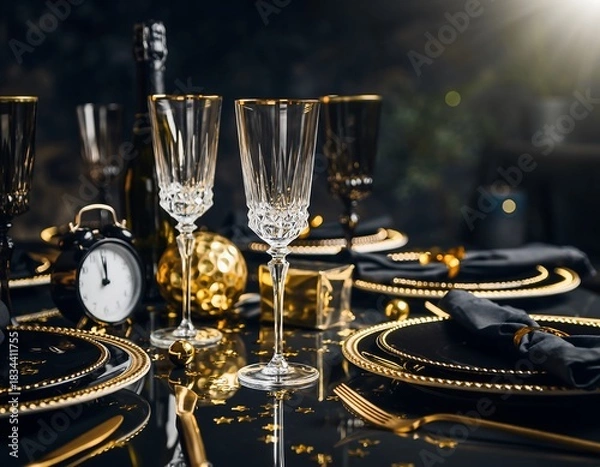 Fototapeta Elegant New Year's Eve table setting with black and gold decor and champagne glasses ready for a midnight toast