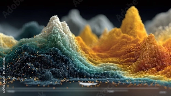 Fototapeta Stunning abstract visualization featuring glowing data points forming colorful digital peaks and valleys