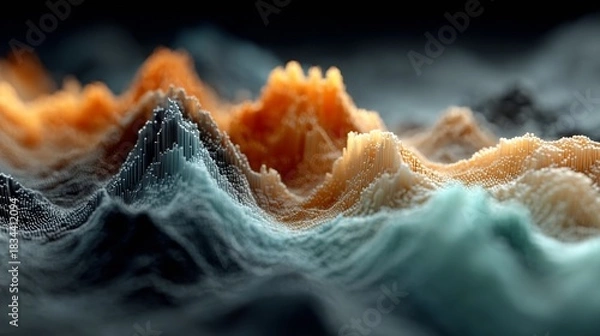 Fototapeta Dynamic abstract visualization of textured data points forming a vibrant otherworldly topography