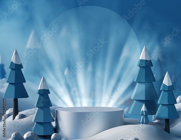 Fototapeta A serene 3D winter landscape featuring a product display podium surrounded by snowy pine trees and illuminated by magical light