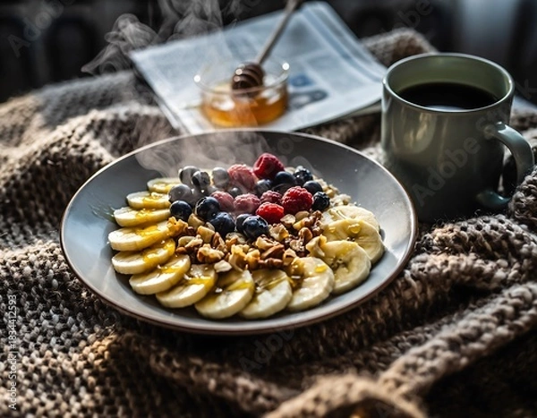 Fototapeta A beautifully arranged, healthy breakfast bowl with fresh fruit and nuts, steaming next to a hot cup of coffee on a cozy, chunky knit blanket