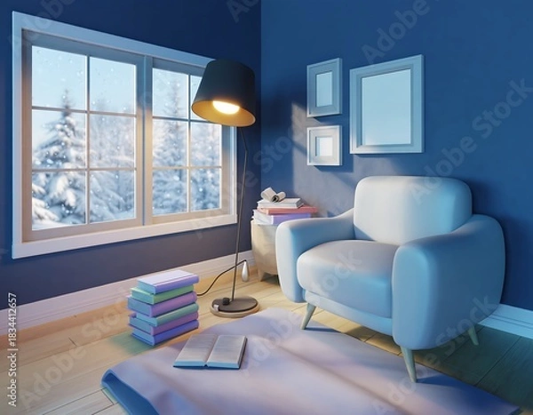 Fototapeta Peaceful winter evening scene in a cozy blue room with a soft armchair, warm lighting, and a view of a snowy forest