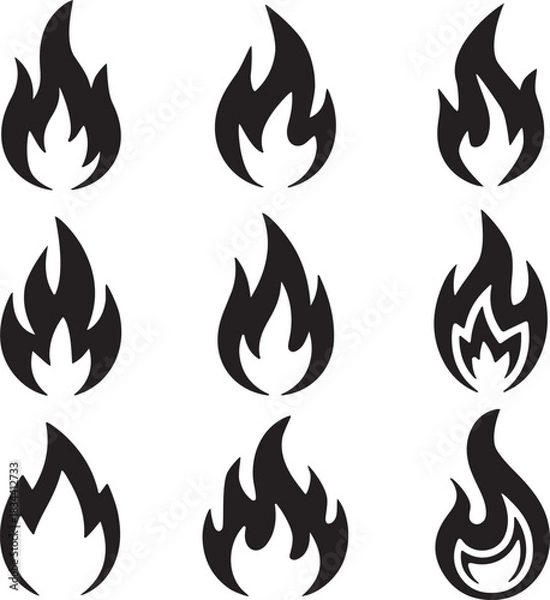 Obraz Collection of nine stylized black silhouette flame icons representing different shapes and intensities of fire on a white background