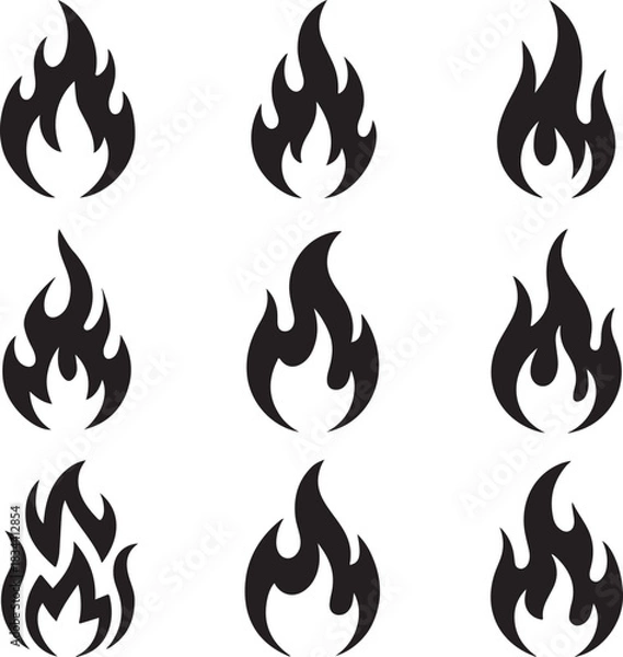 Obraz Collection of nine stylized black flame icons representing fire in a simple graphic design on a white background