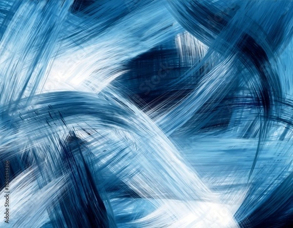 Fototapeta Vibrant abstract background of swirling blue and white digital brushstrokes, depicting a sense of flowing energy and artistic chaos