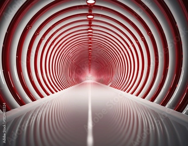 Fototapeta A surreal, endless passage with repeating red and white patterns creating a vortex effect into a brightly lit vanishing point