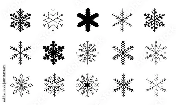 Fototapeta Black Snowflake Vector Clipart Set. Isolated Winter Graphic Elements. Snow flakes shapes for frost background.