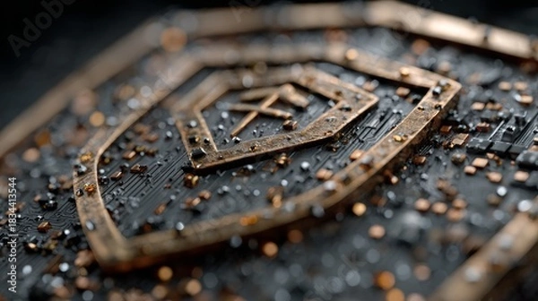 Fototapeta Close-up of a dark textured surface featuring a gleaming metallic symbol adorned with tiny beads