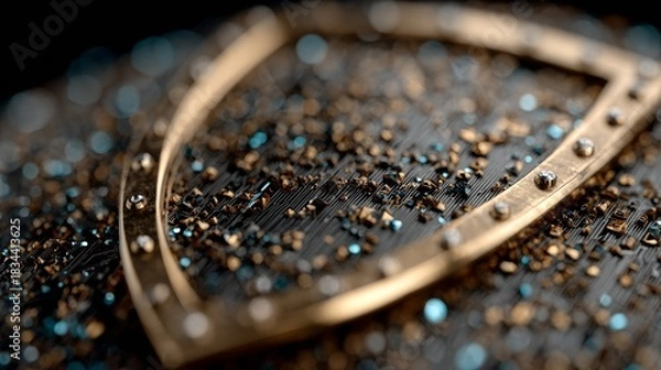 Fototapeta Abstract metallic shield frame on a textured surface adorned with sparkling gold and blue specks