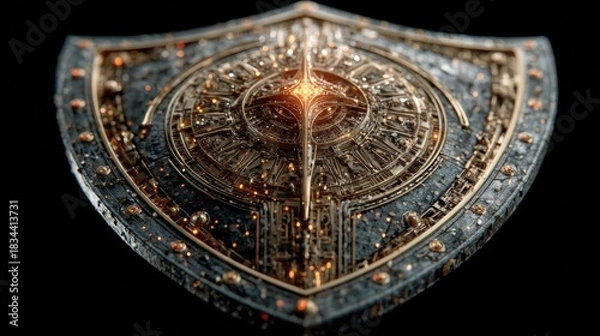 Fototapeta An Exquisite Detailed Shield Merging Ancient Craft With Futuristic Technology In A Powerful Emblem