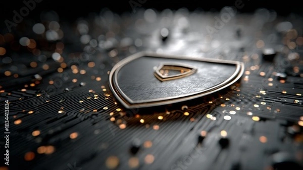 Fototapeta Advanced Digital Protection Symbolized by a Sleek Shield Resting on an Illuminated Electronic Circuit