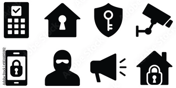 Obraz Home security icon set, Digital protection symbol pack, Safety and privacy silhouette collection
