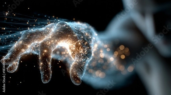 Fototapeta Radiant particles coalesce into an outstretched hand symbolizing advanced technology and human connection