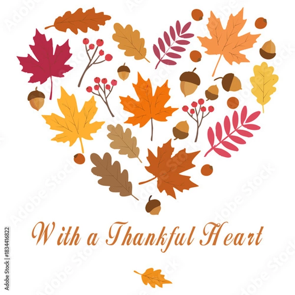 Obraz Autumn heart shape design with fall leaves, berries, and acorns.
