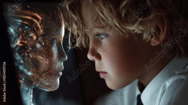 Fototapeta A young boy's profound connection with a shimmering futuristic artificial intelligence projection