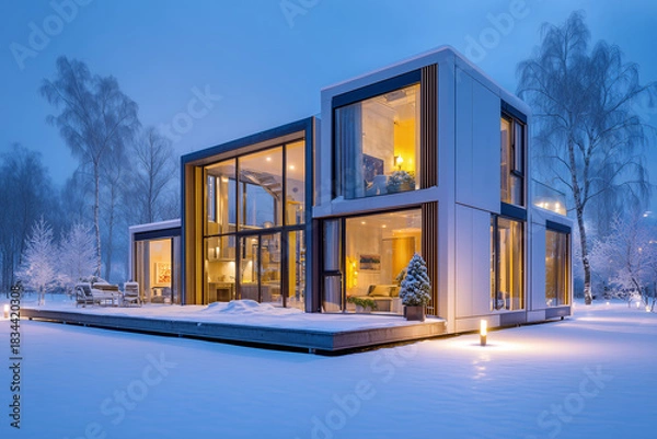 Fototapeta Arctic-ready modular micro-homes with insulated panels and reflective cladding designed for extreme cold climates.Compact modular homes with insulated panel systems, triple-glazed windows, snow reflec