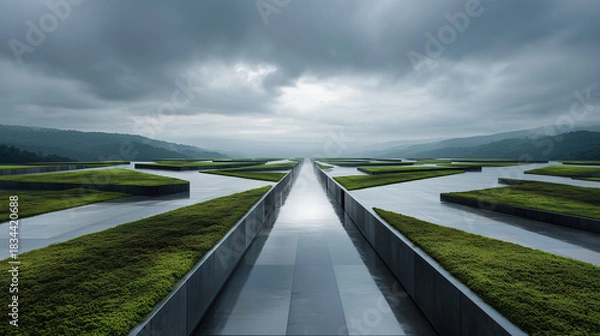 Fototapeta A future-ready roofscape with integrated rainwater harvesting channels and lush moss garden strips. Future roofscape with integrated rainwater channels, moss-garden strips, reflective surfaces, climat
