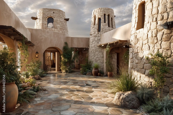 Fototapeta A climate-adaptive courtyard home with passive cooling towers, shaded structures, and drought-friendly landscaping. Climate-adaptive courtyard home with wind-catcher towers, shaded colonnades, cool st