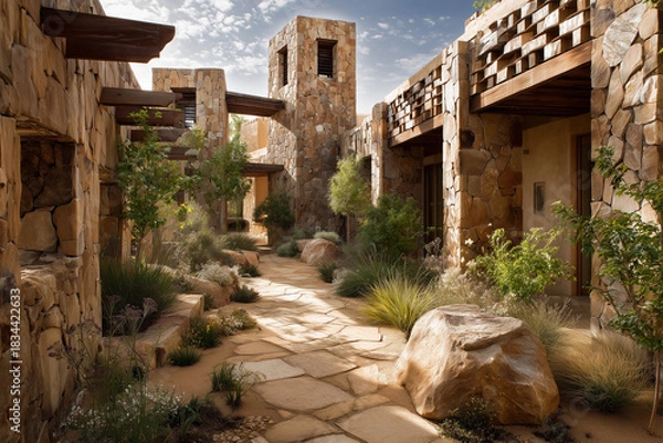 Fototapeta A climate-adaptive courtyard home with passive cooling towers, shaded structures, and drought-friendly landscaping. Climate-adaptive courtyard home with wind-catcher towers, shaded colonnades, cool st