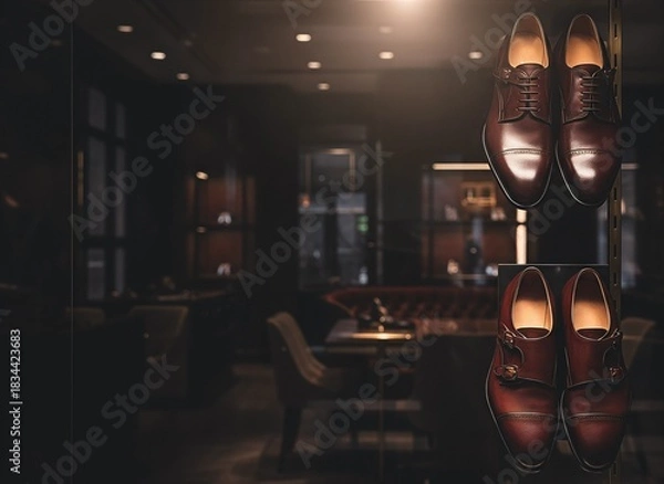 Fototapeta Shoes display window. Elegant brown leather shoes displayed in upscale interior setting 