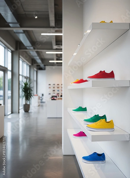 Fototapeta Shoes display window. Colorful sneakers displayed on shelves in modern shoe store interior  