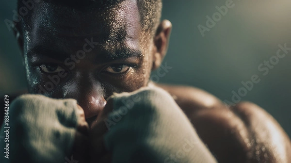 Fototapeta Black male boxer in an urban gym, captured mid-training with sweat and cinematic lighting. Strong, authentic, inclusive fitness imagery with natural movement and gritty realism. Urban boxing gym, musc