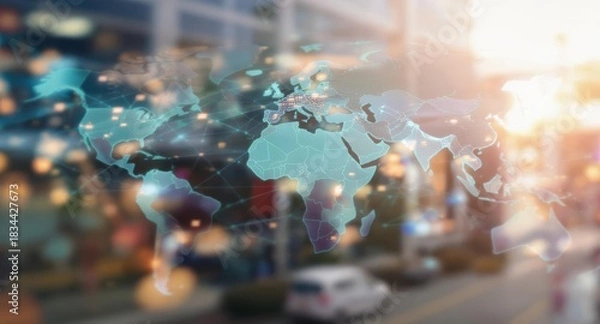 Obraz Globalization concept displaying world map global network connecting cities