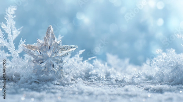 Fototapeta blue background with snowflakes and frost, atmosphere of winter magic, christmas season. the snow-covered ground, delicate ice crystals. shimmering crystal-like star-shaped snowflake. nature's snowy w
