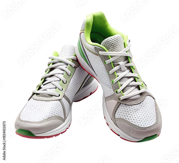 Fototapeta Pair of white and green running shoes isolated on transparent background