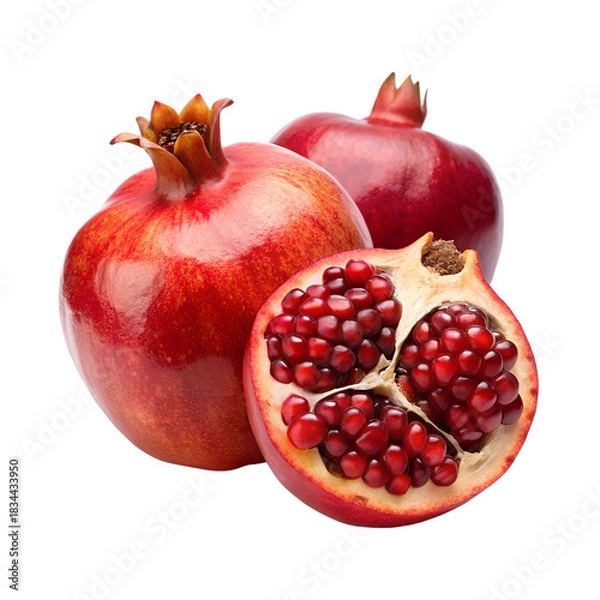 Fototapeta Fresh pomegranates whole and cut open showing seeds isolated on transparent background
