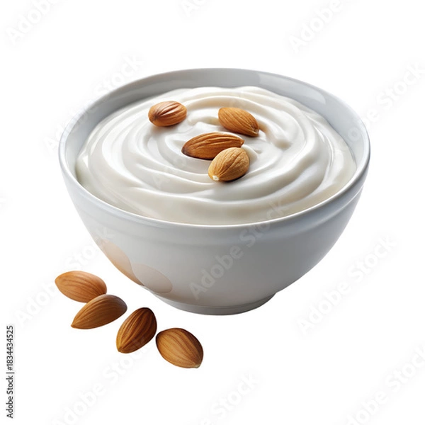 Fototapeta Bowl of creamy yogurt topped with almonds isolated on transparent background