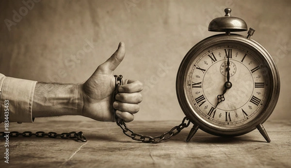 Fototapeta Male hand chained to a vintage alarm clock showing thumbs up gesture representing deadline pressure against a textured sepia background with copy space