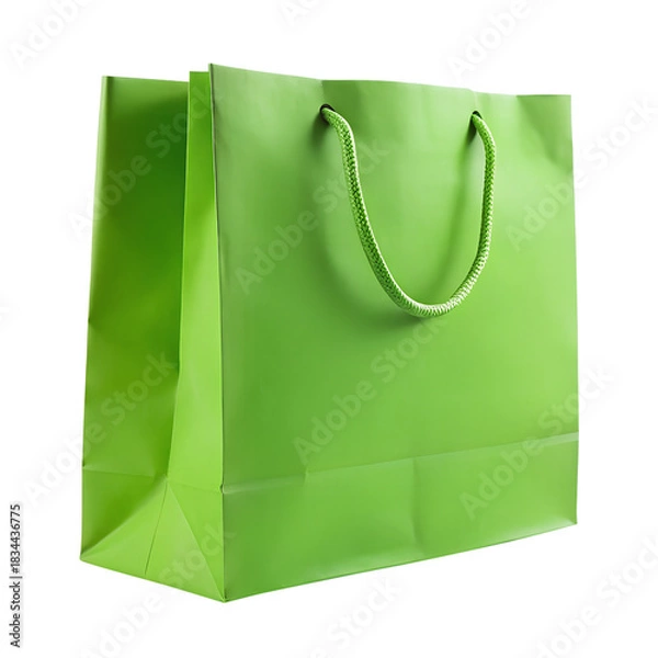 Fototapeta Bright green paper shopping bag with rope handles isolated on transparent background