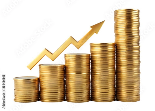 Fototapeta Golden coin stacks with upward arrow representing financial growth isolated on transparent background