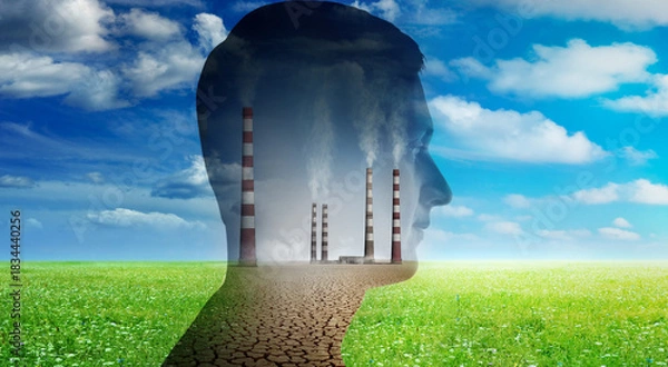 Obraz Sunny sky, the grass and the silhouette of a man (symbol of industrial pollution of nature). Concept on ecology and environmental protection.